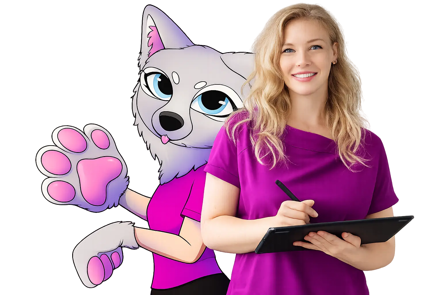 A person in a purple shirt holds a tablet, standing next to a playful cartoon wolf character also wearing a purple top.